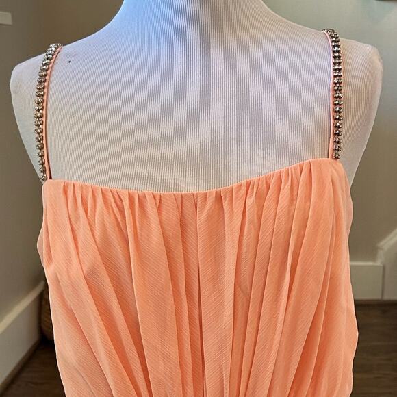 David's Bridal Short Peach Chiffon Dress with Rhinestone Straps Size 10 NEW - Picture 4 of 10